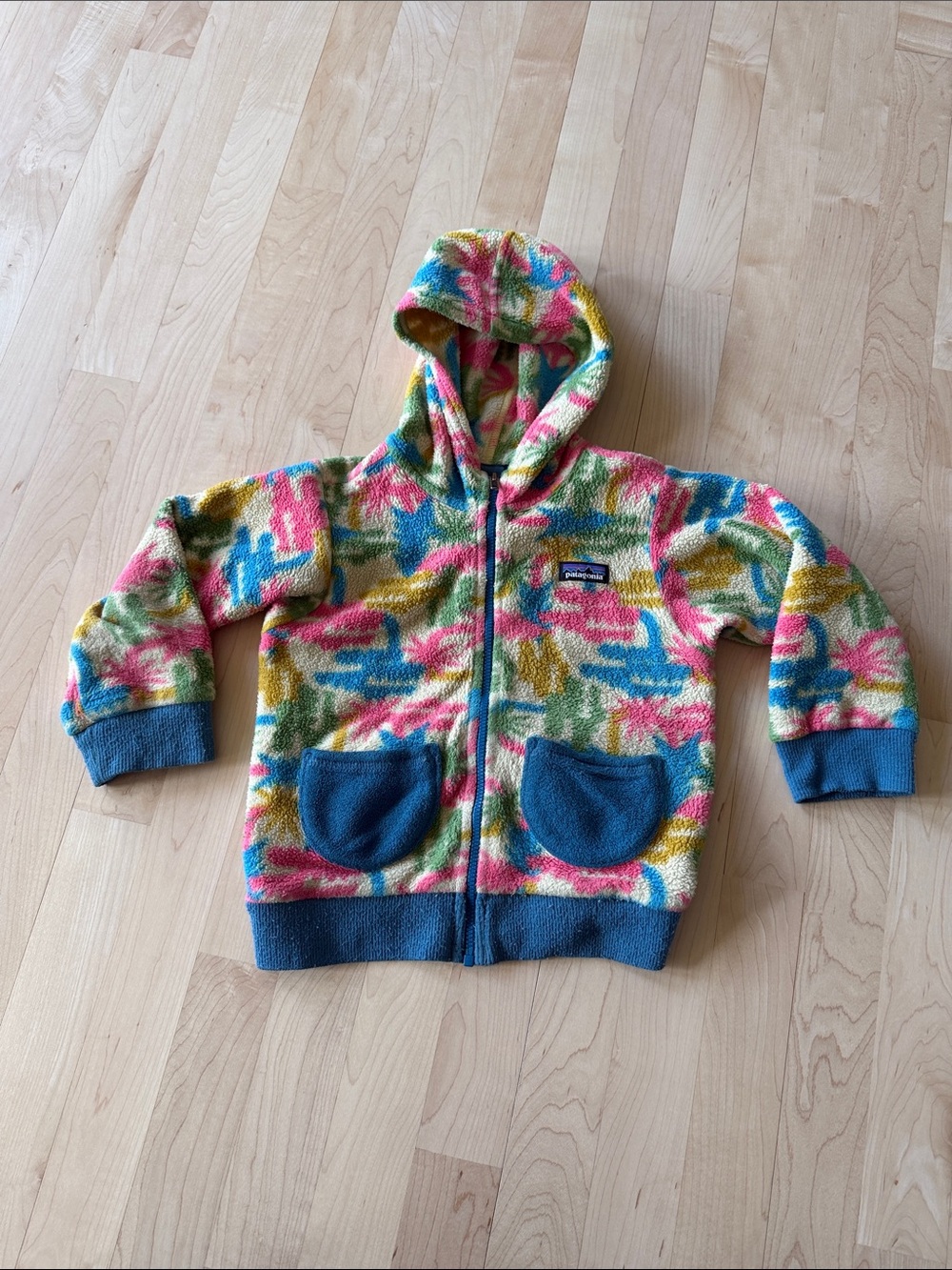 Patagonia 3t Multicolor Fleece Zip Hoodie with Blue Trim